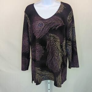 JM Collection Purple Embroidered Feather Print Long Sleeve V Neck Tunic Top Sz L